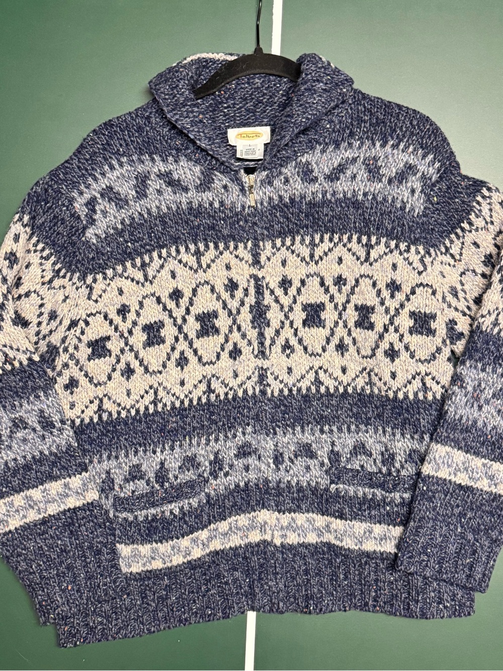 Vintage Talbots 80% Wool Fair Isle Full Zip Cardigan Sweater Blue Knit